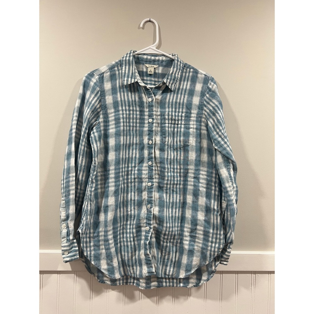 L.L.‎ Bean Linen Plaid Button Down Shirt Blue White Casual Women Size Small